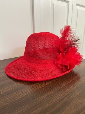Red Women's Decorative Hat with Floral Feather Accent
